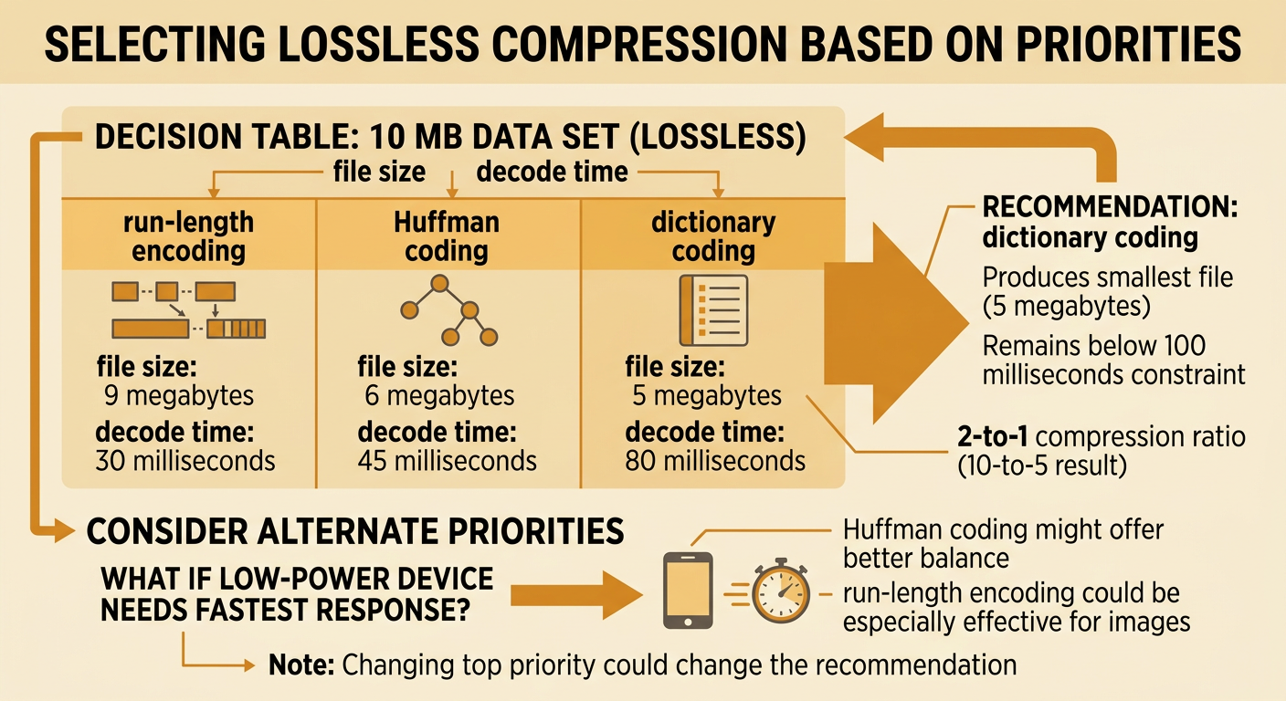 A comparison chart shows file sizes and decode times for three lossless compression methods.