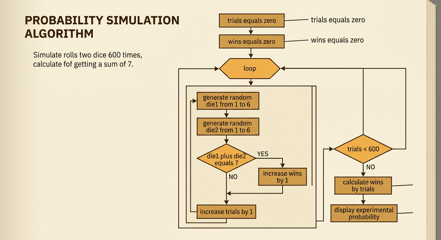 A flowchart initializes two counters, loops through random dice rolls, checks a condition, and displays the result.