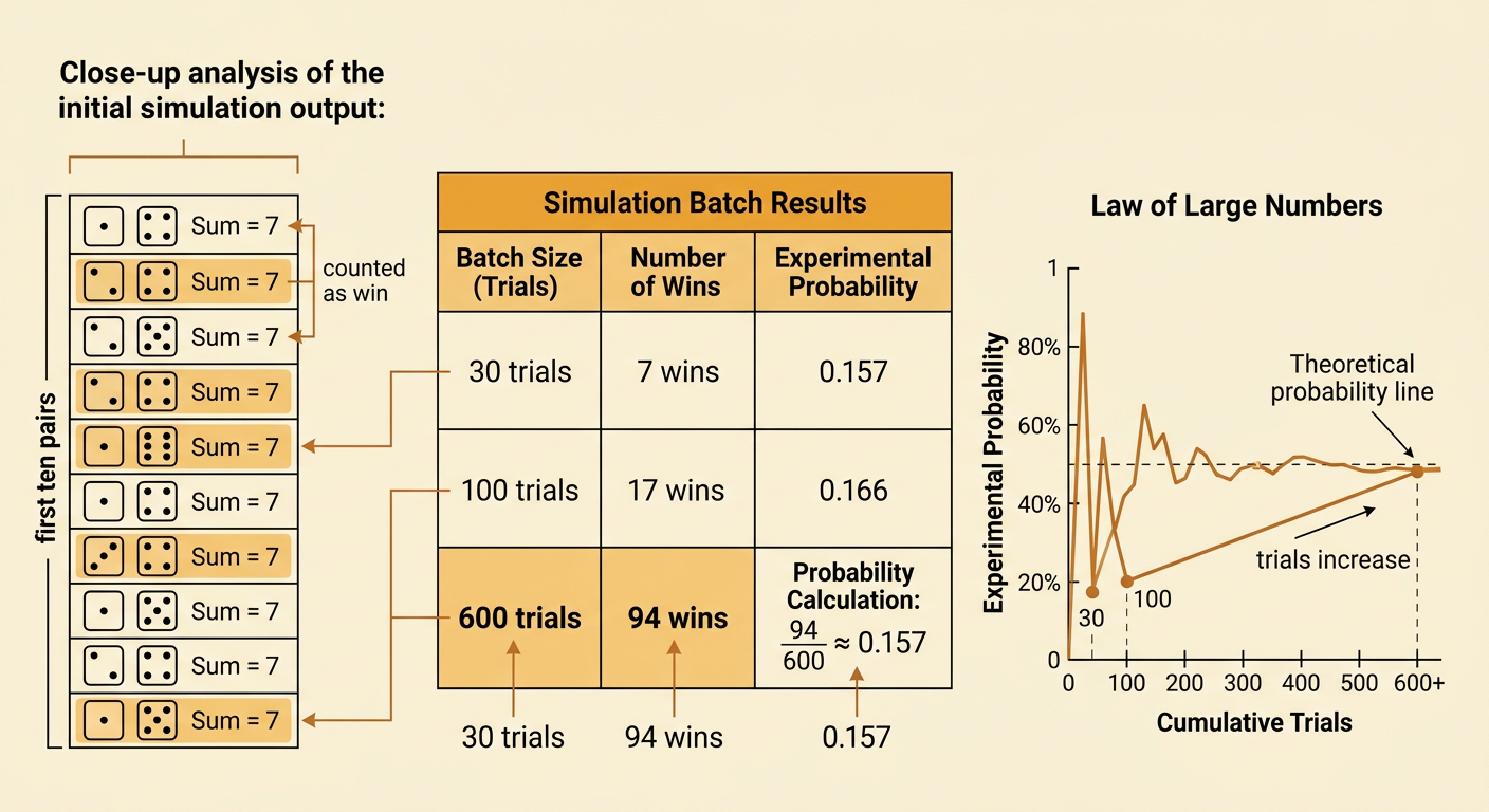 A results table compares several trial batches and highlights 94 wins out of 600 trials as 0.157.