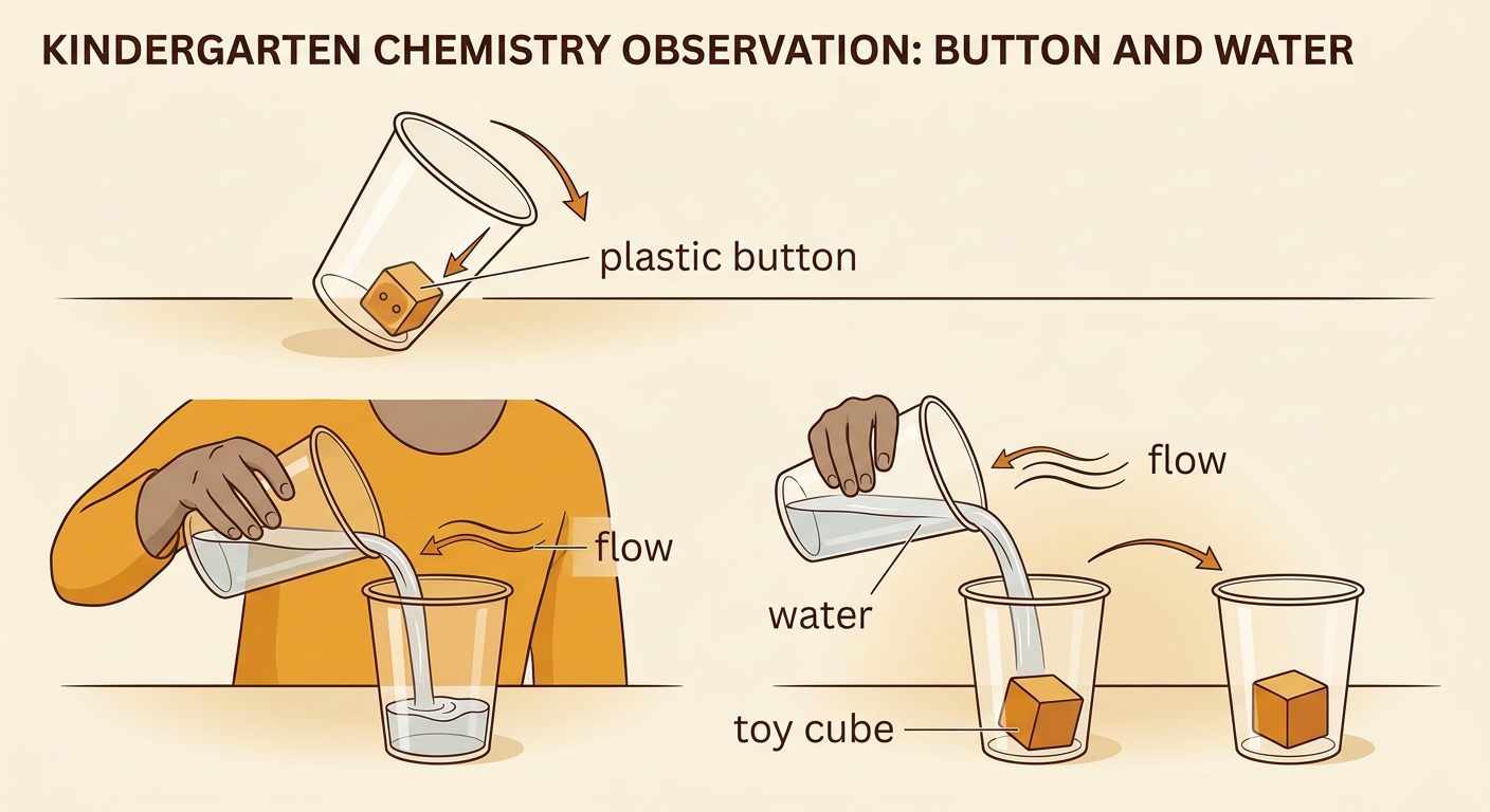 A tipped tray moves a plastic button without changing it, while water flows in a stream between two cups.