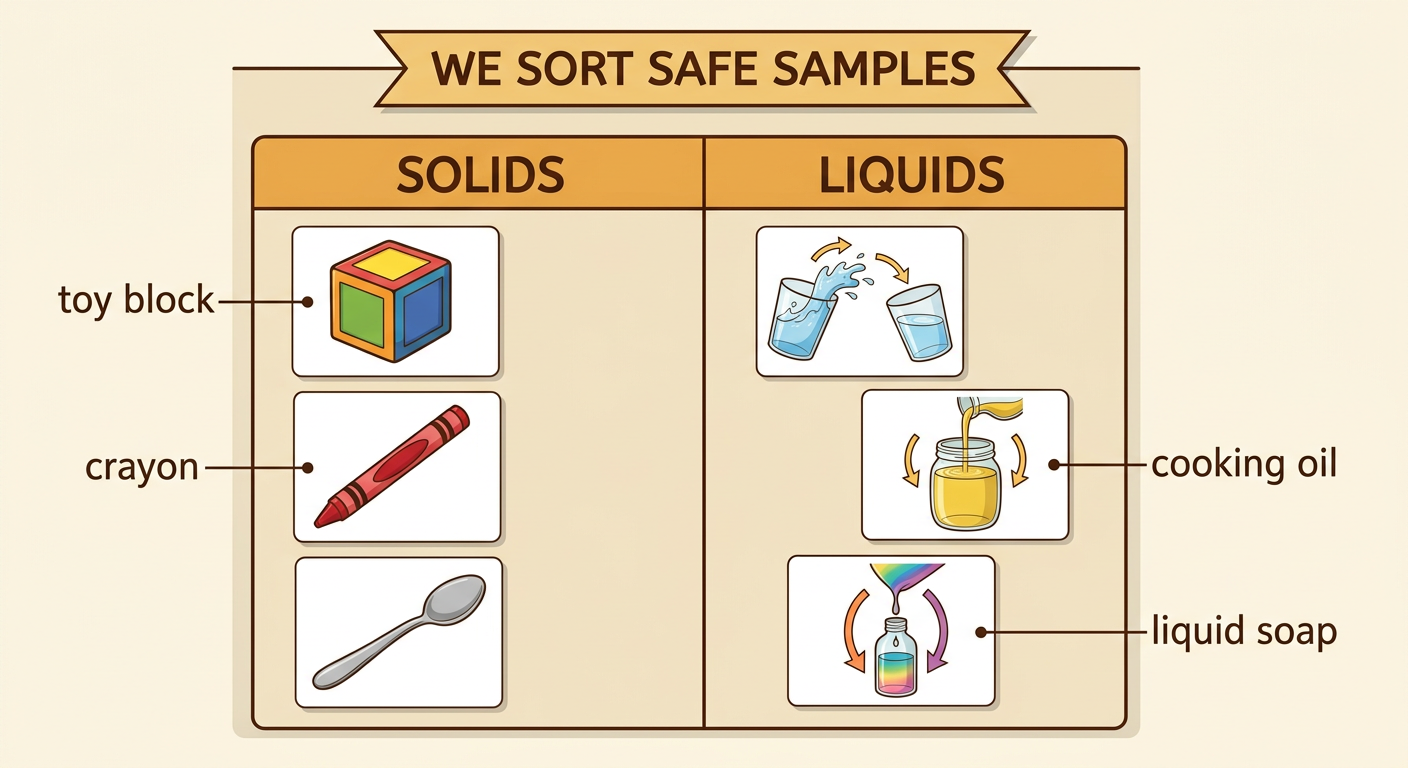 Sample cards for a block, crayon, spoon, water, oil, and soap are arranged under solids and liquids.
