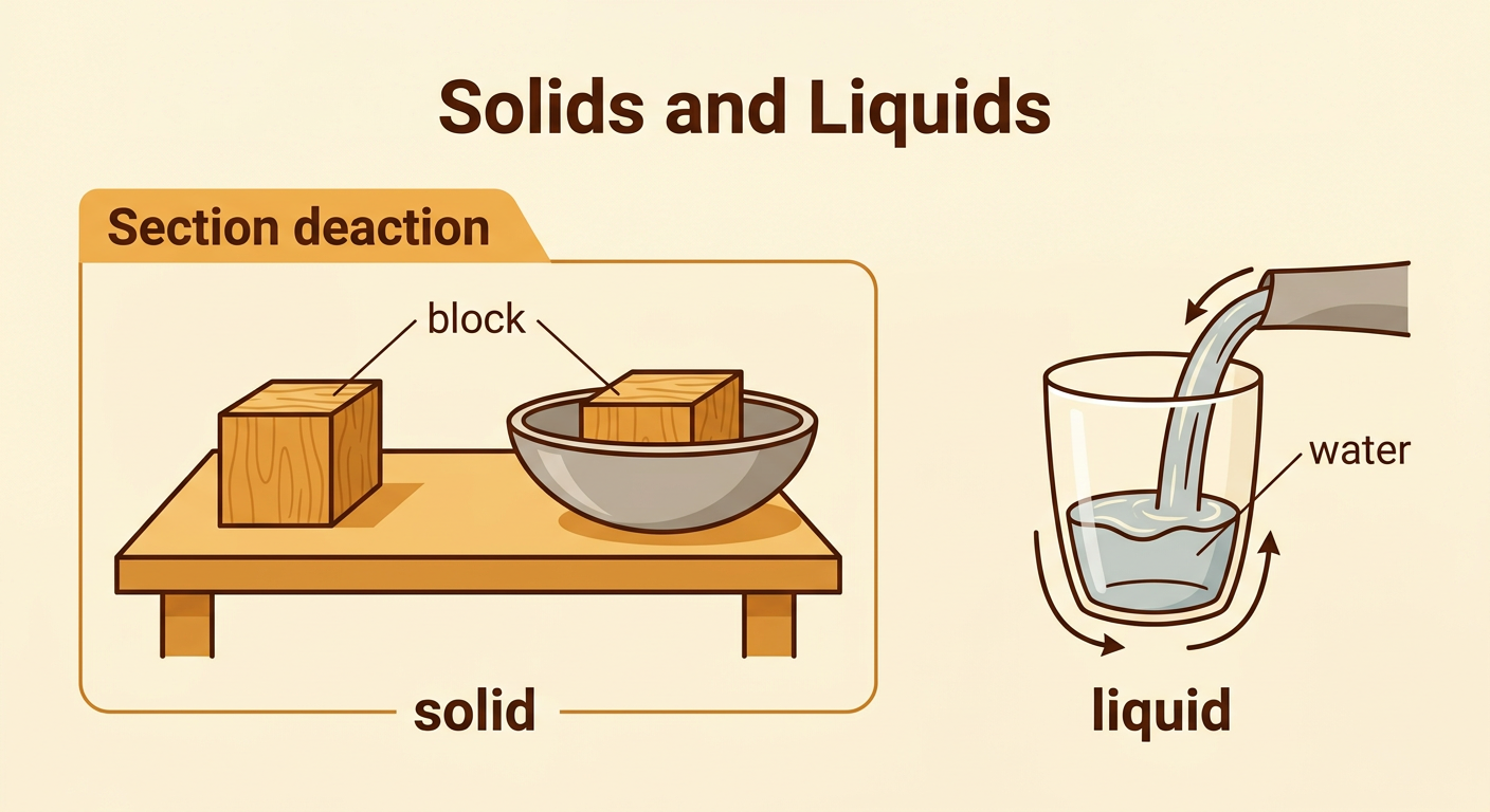 A block keeps its shape on a table and in a bowl while water fits the shape of a clear cup.
