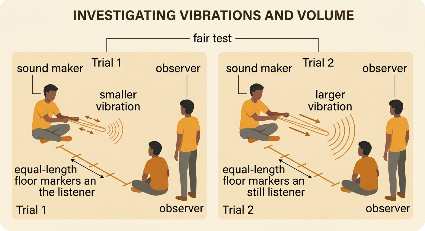 Three children conduct a fair rubber-band test as sound maker, listener, and observer at one set distance.
