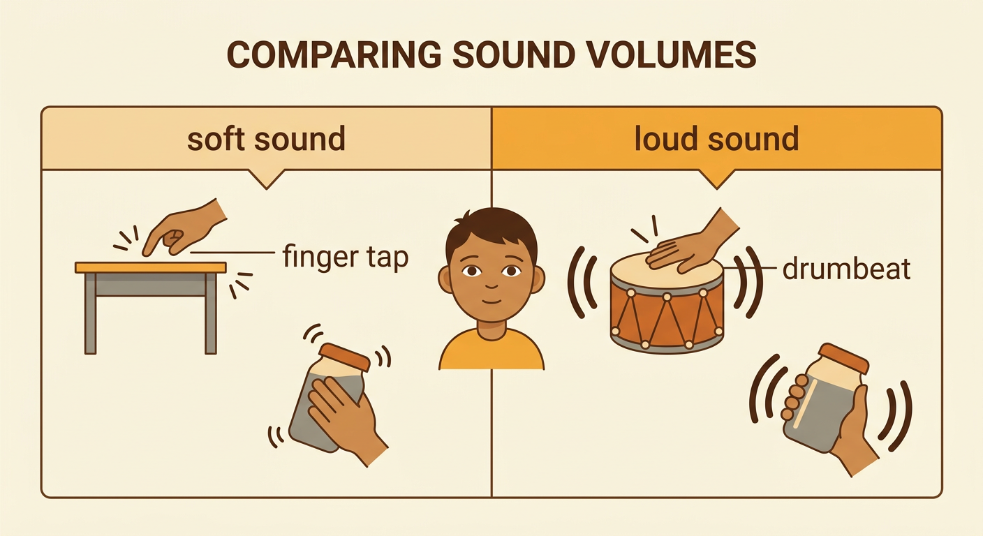 A child sorts a gentle desk tap and a firm drumbeat into soft and loud sound groups.