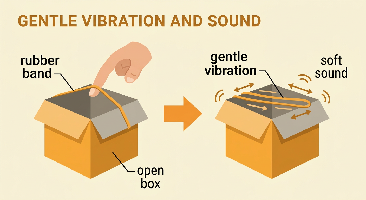 A safely positioned rubber band gently vibrates over an open box while a child watches from a distance.