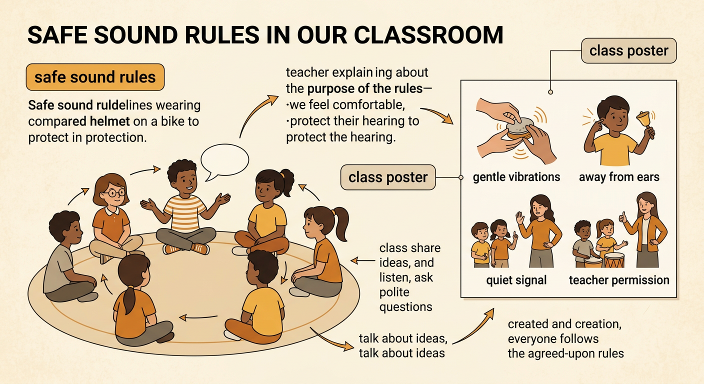 Children follow a classroom sound-safety poster by keeping a sound maker away from ears and responding to a quiet signal.