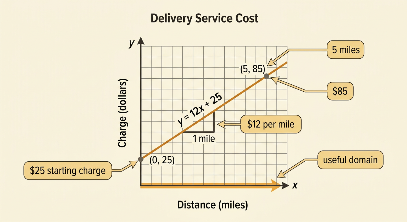 A delivery-service graph and cost calculation show a starting charge of $25 and a total of $85 at 5 miles.