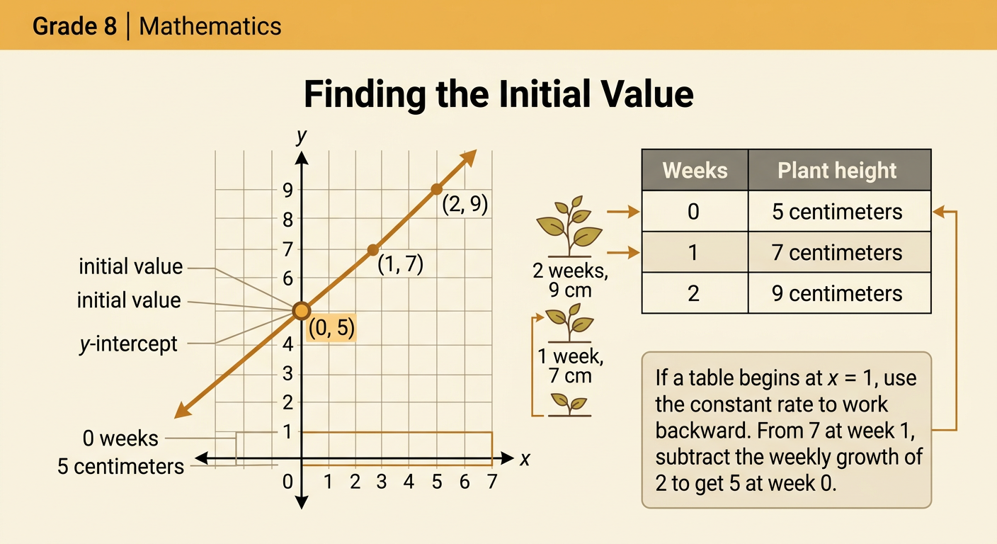 A plant-growth table and graph show a line beginning at (0, 5) and rising 2 centimeters each week.