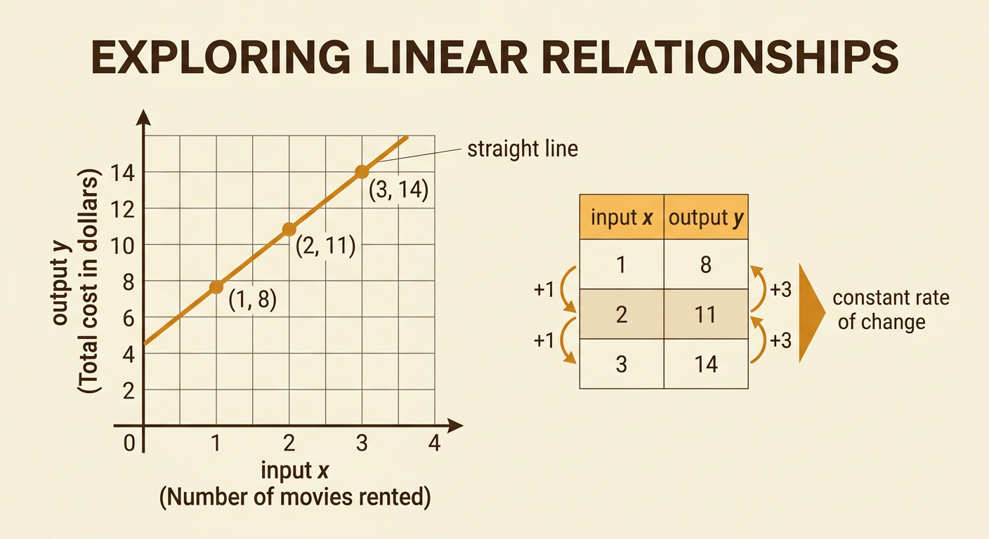 A streaming-service table and coordinate graph show the points (1, 8), (2, 11), and (3, 14) forming a straight line.