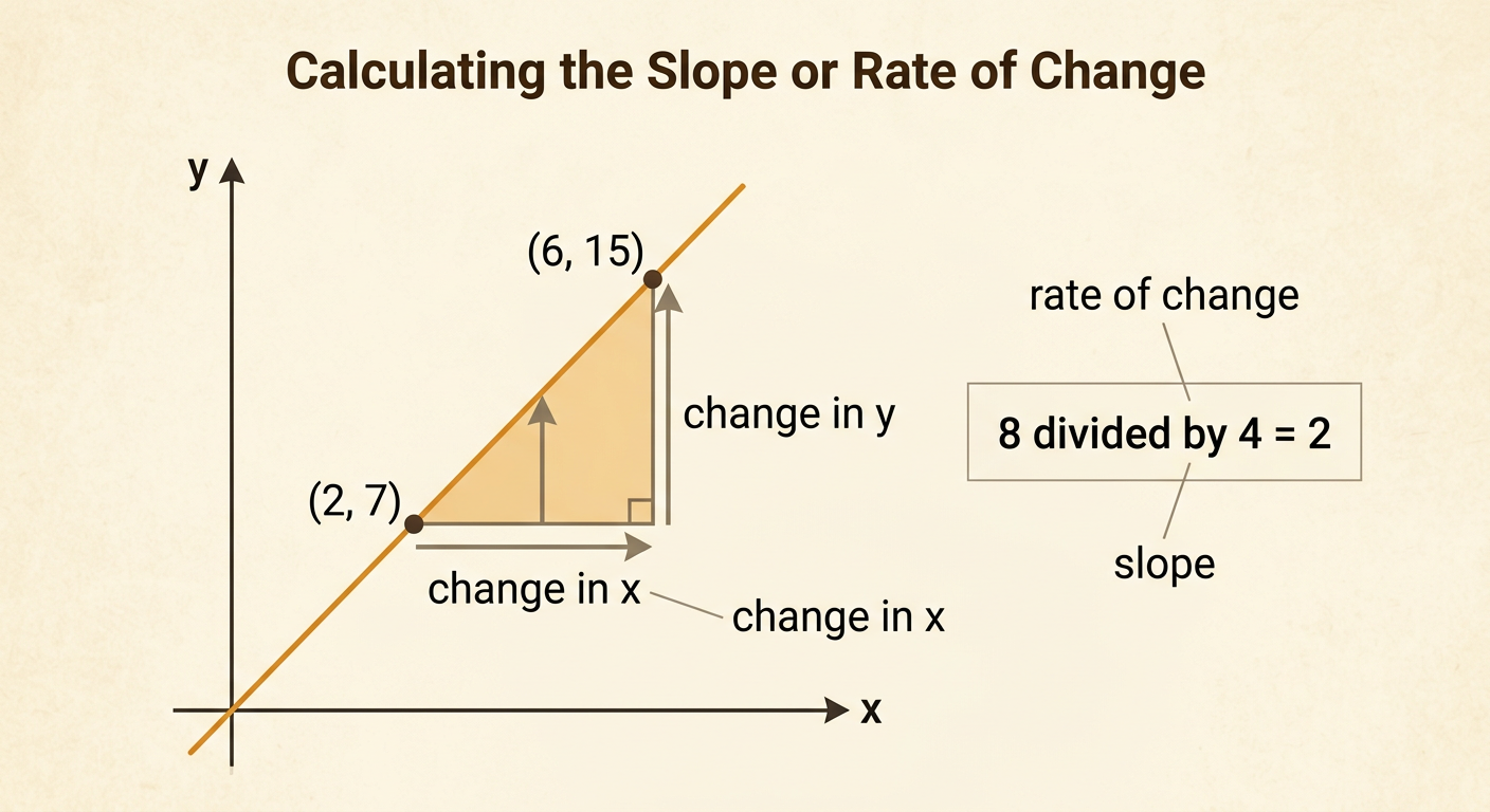 A coordinate graph shows points (2, 7) and (6, 15) connected by a line with a right-and-up slope triangle.