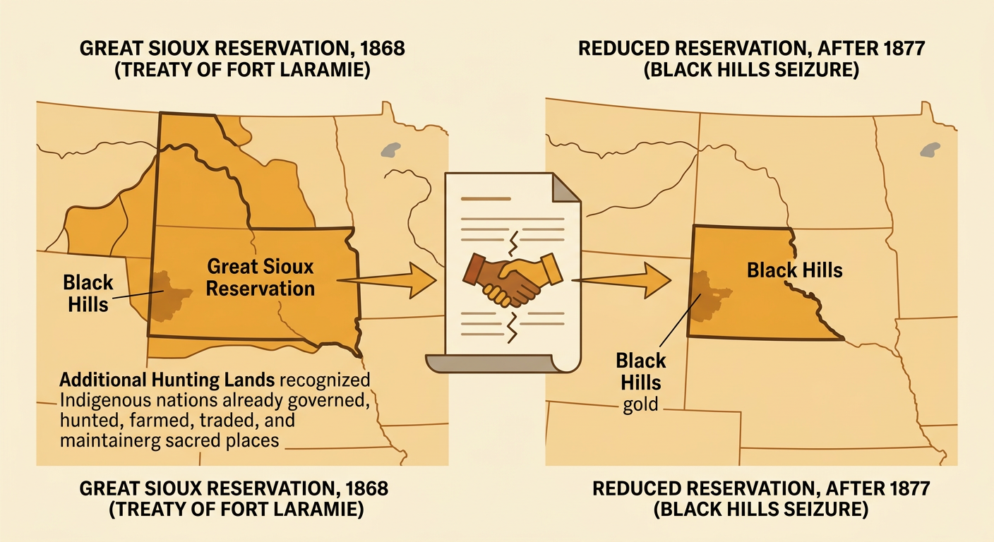 A treaty excerpt appears beside maps showing the Great Sioux Reservation and the later seizure of the Black Hills after a gold discovery.