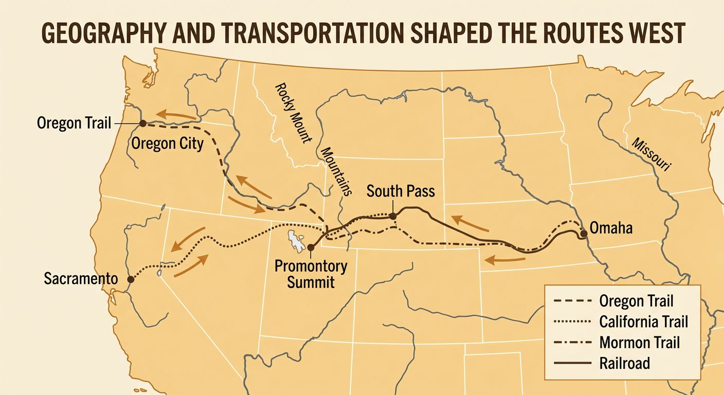 A map traces major wagon trails and the transcontinental railroad across rivers, plains, and mountain passes.