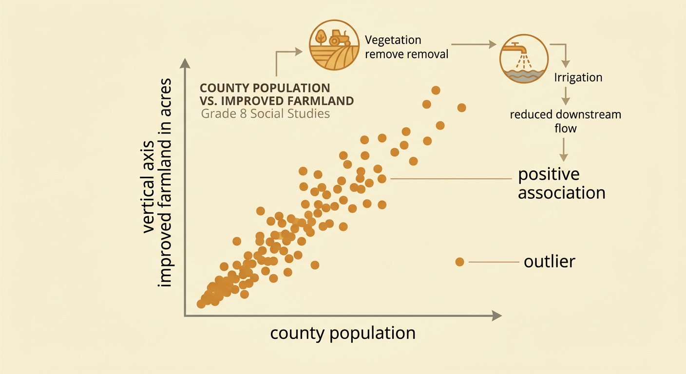 A scatter plot compares county population with improved farmland and highlights an upward pattern and one mining-county exception.