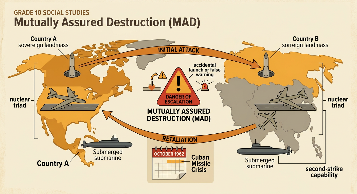 A deterrence diagram shows two superpowers, their nuclear triads, and the threatened cycle of attack and retaliation during the Cuban Missile Crisis.