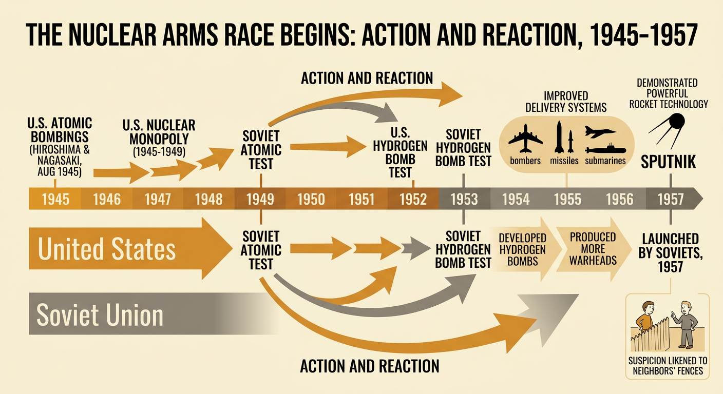 A Cold War timeline shows the two superpowers developing nuclear weapons and rocket delivery technology from 1945 through 1957.
