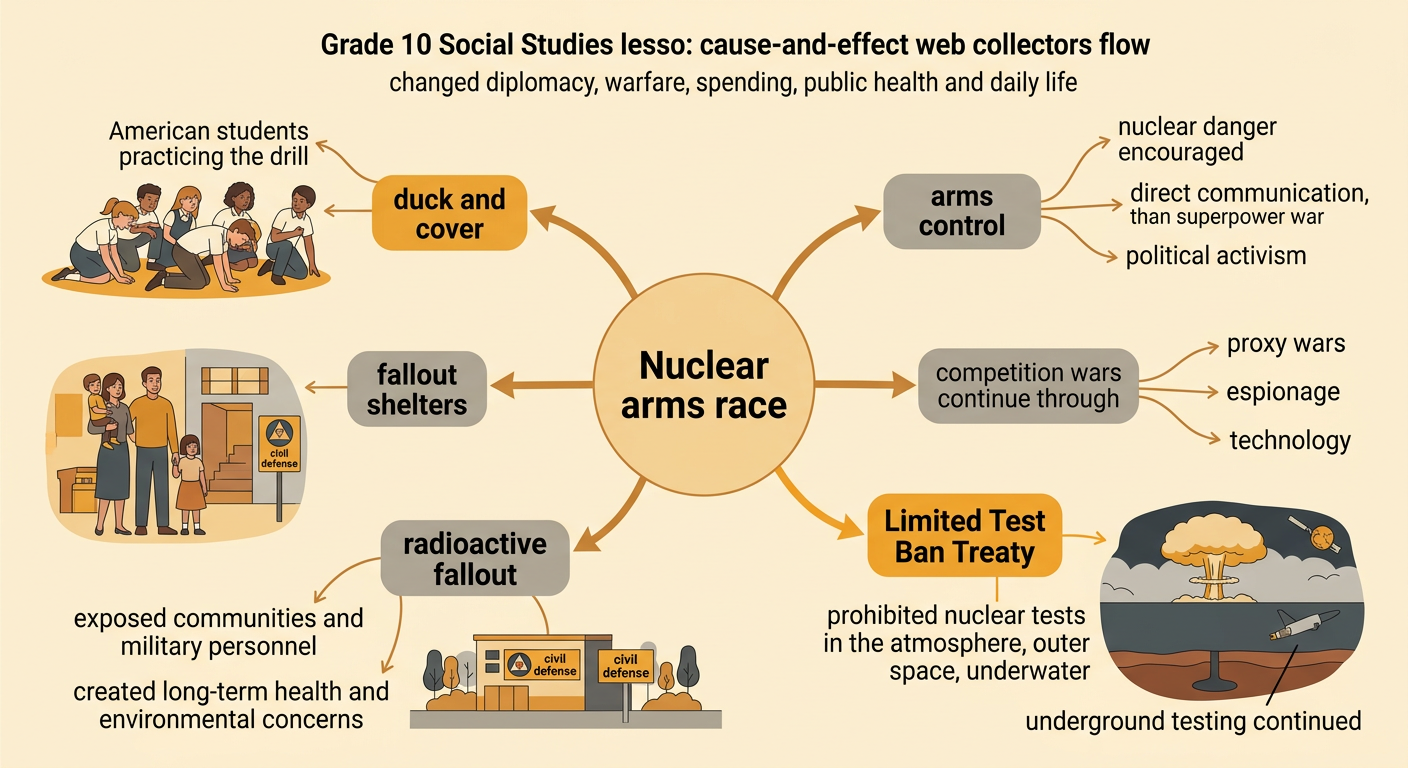 A Cold War public-life scene connects a school safety drill and radioactive fallout with the signing of a nuclear test-ban agreement.