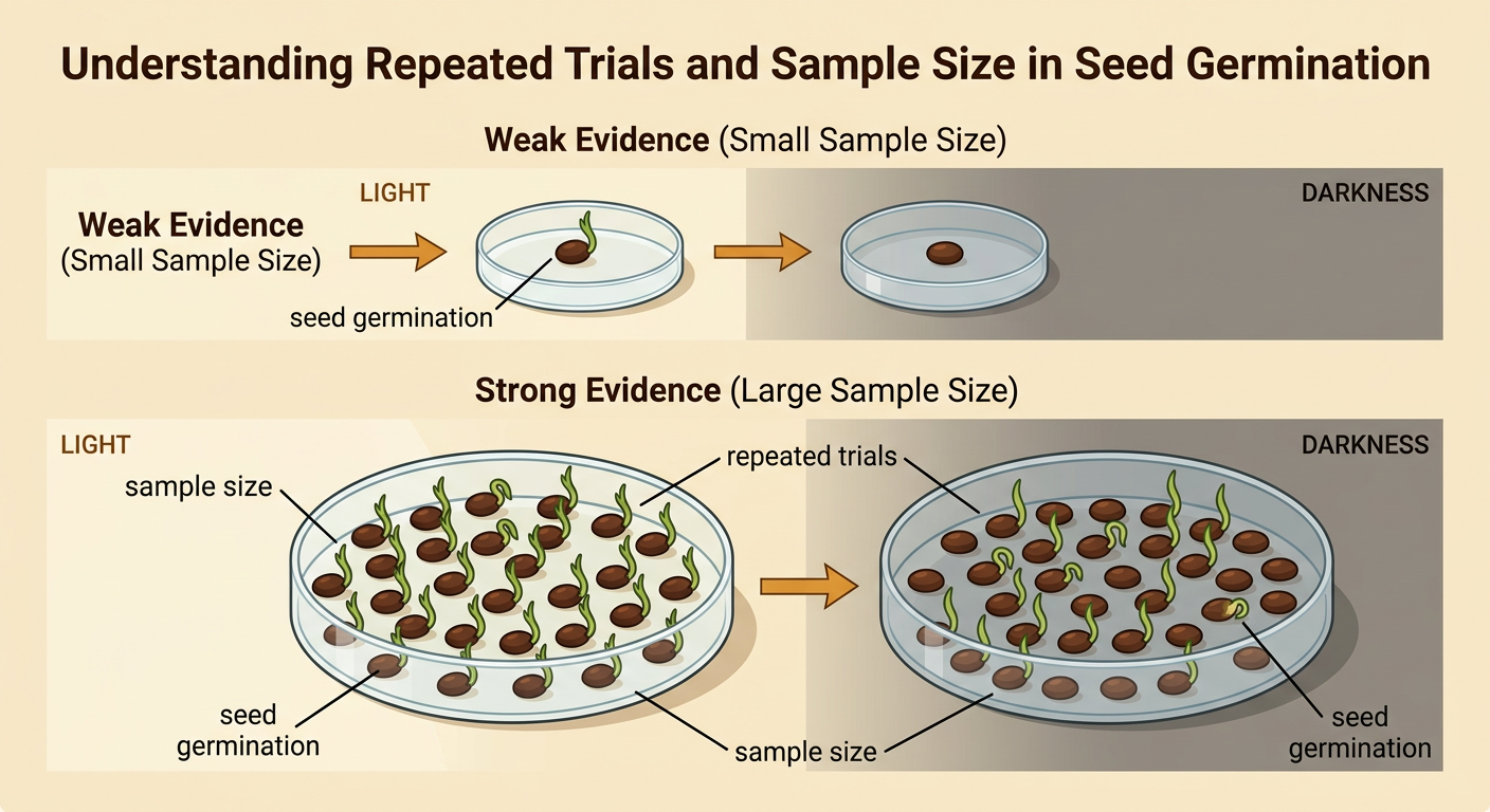 Two trays of 30 seeds compare germination in light and darkness across repeated observations.