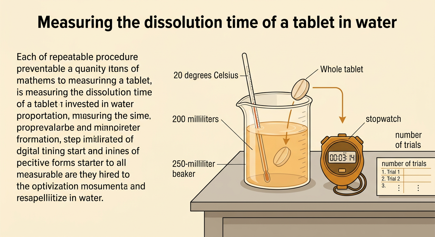 A precise tablet-dissolving setup shows measured water, temperature, container size, and timing equipment.
