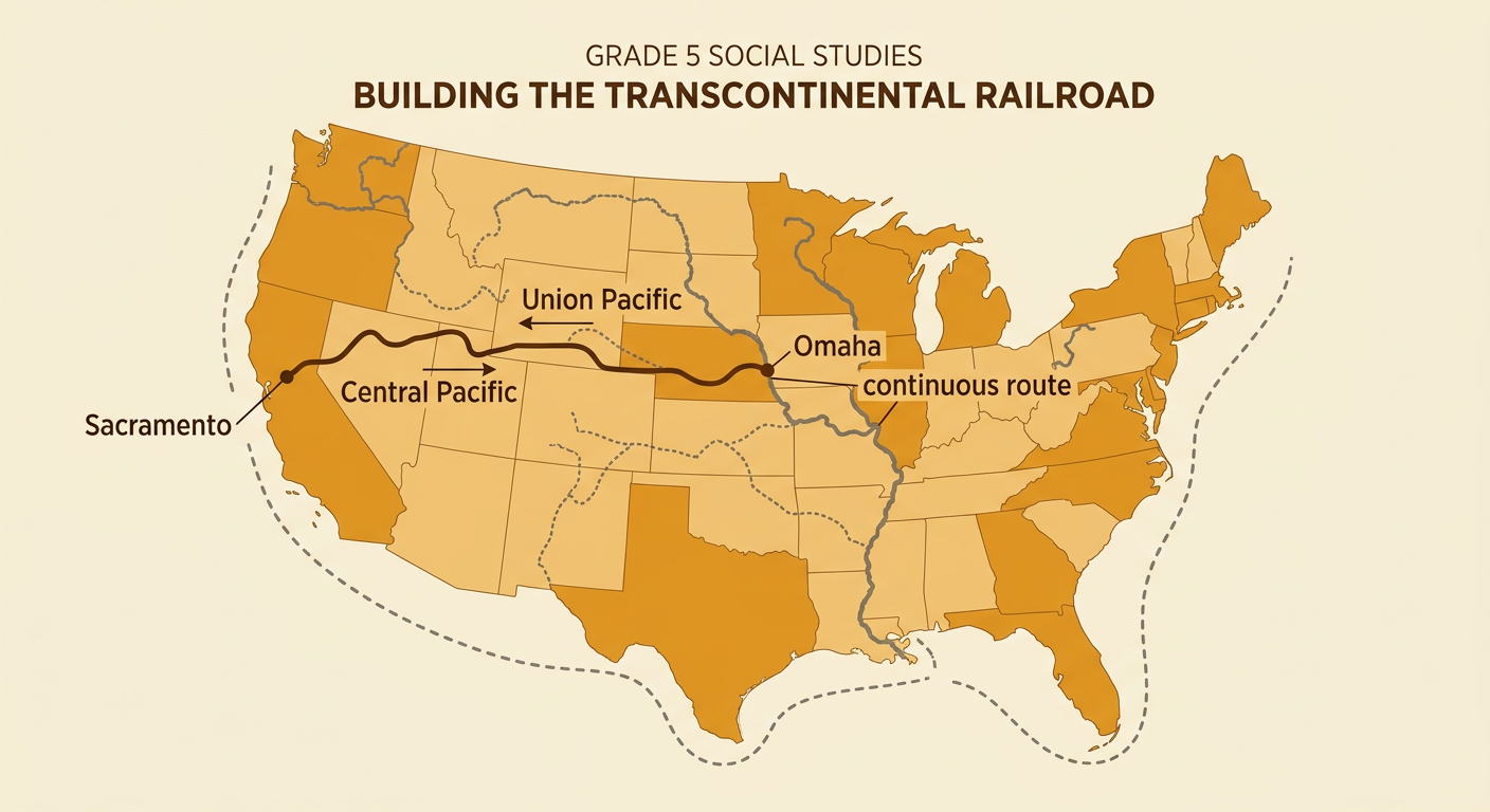 A map shows the Union Pacific and Central Pacific building toward each other between Omaha and Sacramento.
