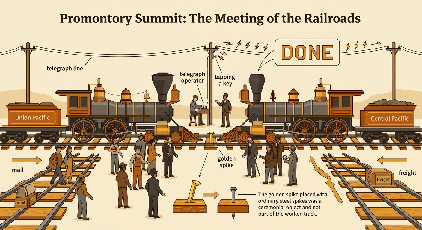 Two locomotives and a gathered crowd surround the golden spike ceremony at Promontory Summit as the telegraph announces DONE.