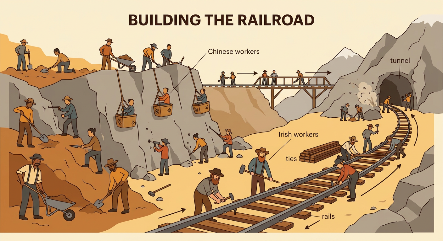 A diverse railroad crew lays ties and rails while other workers blast a tunnel through a steep mountain.