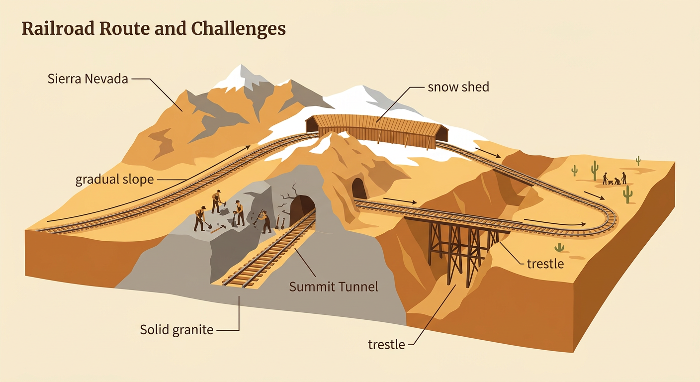 A cutaway mountain scene shows a gradual railroad route using the Summit Tunnel, a trestle, and a snow shed in the Sierra Nevada.