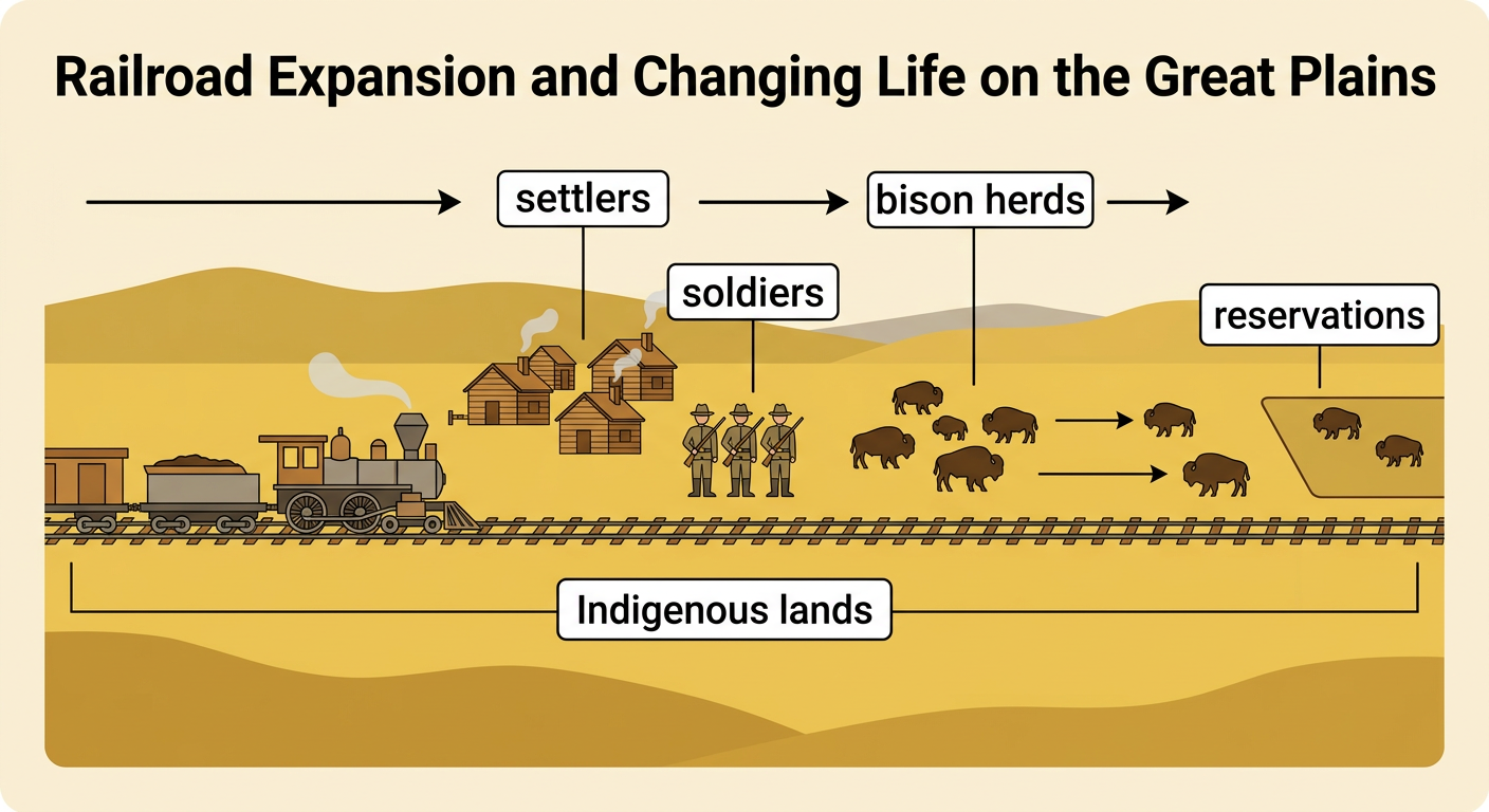 A railroad crosses Indigenous lands as settlers and soldiers arrive, bison herds shrink, and Native families face confinement on reservations.