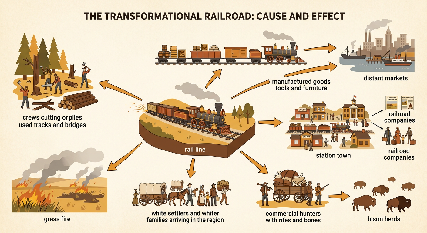 A rail line links farms and a growing station town to distant markets while smoke, a grass fire, and shrinking bison herds show environmental damage.