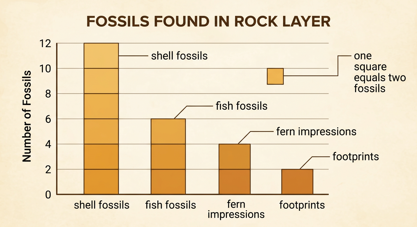 A scaled bar graph compares the four fossil counts using one square for every two fossils.