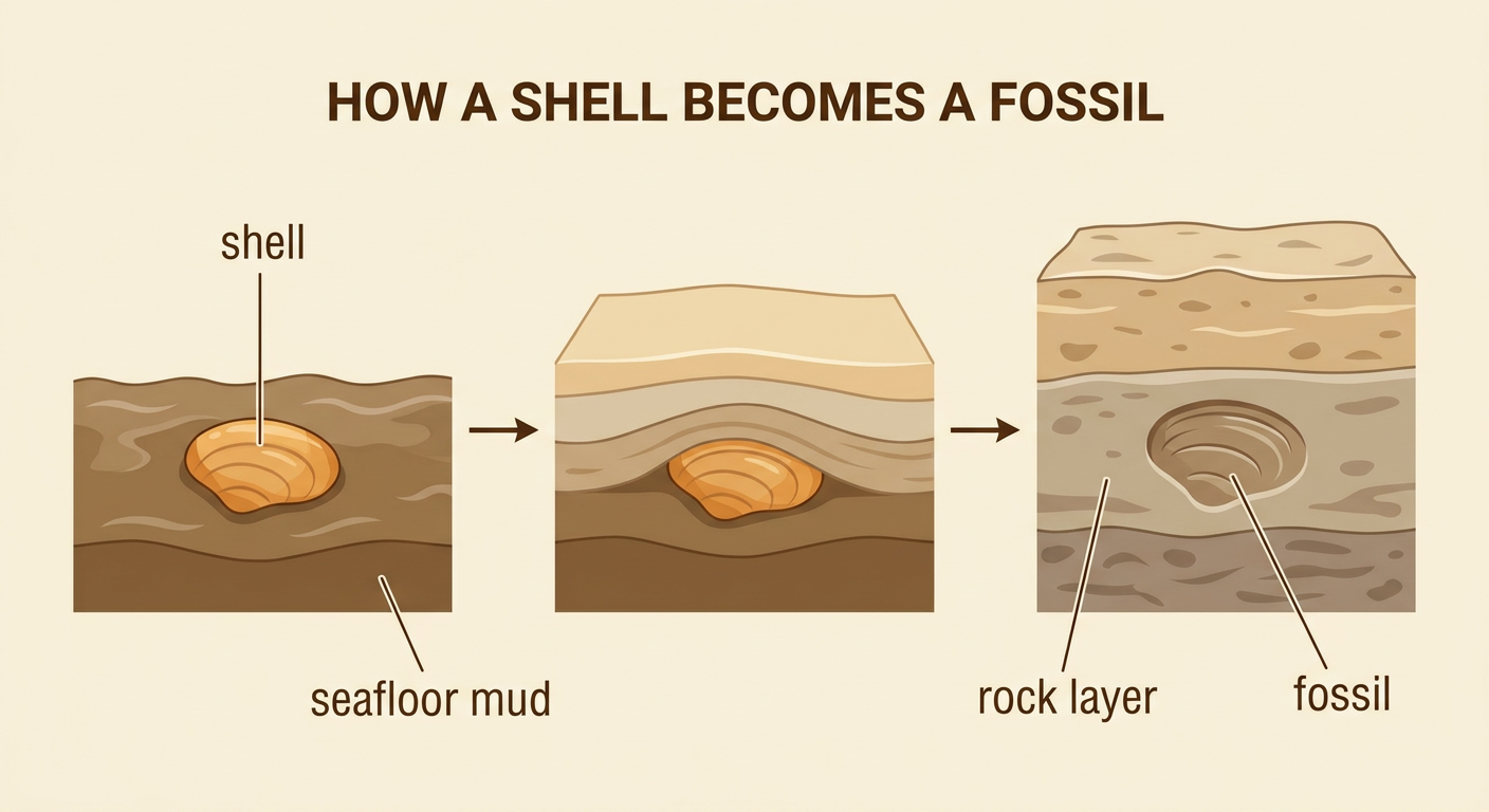 A cutaway diagram shows a shell being buried in seafloor mud that hardens into a fossil-bearing rock layer.