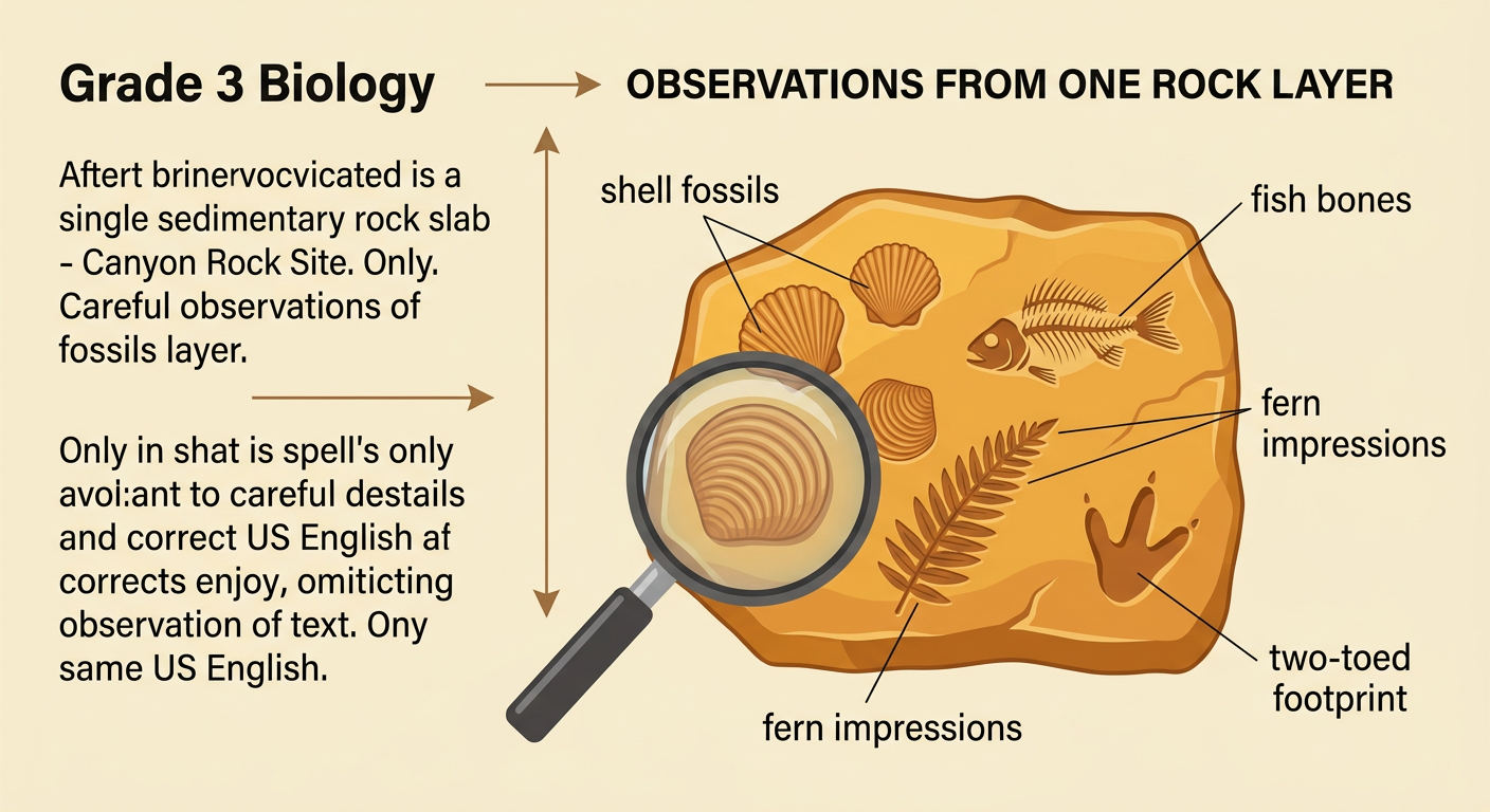 One slab from Canyon Rock Site displays curved shells, fish remains, fern shapes, and a two-toed track together.