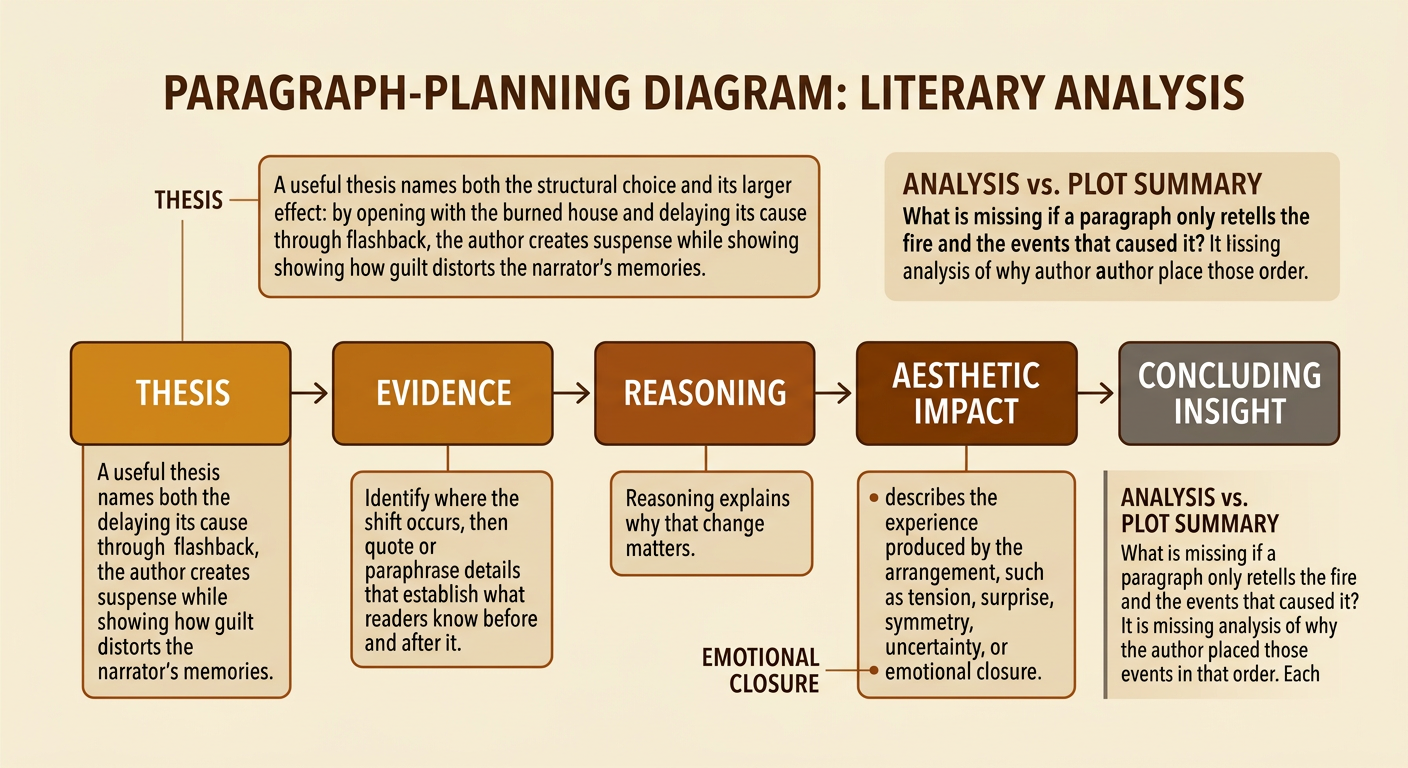 A paragraph plan connects a thesis about the burned house to evidence, reasoning, and the reader's response.