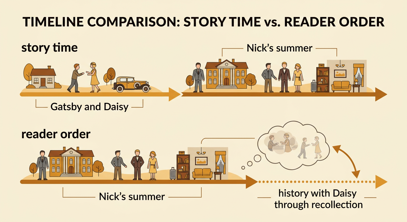 Two parallel timelines contrast Gatsby's actual history with the order in which readers learn it.