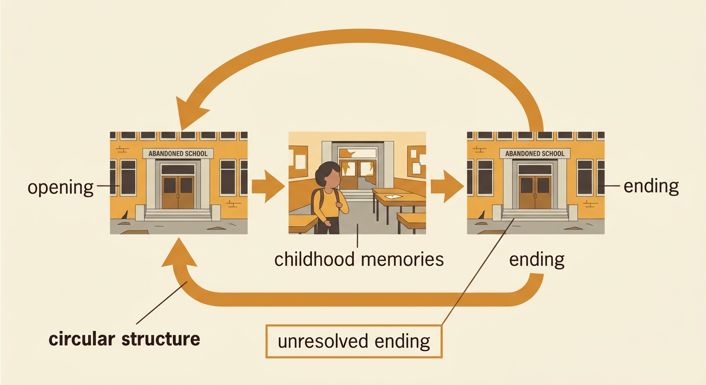 A circular path links an adult in an empty school hallway to childhood memories and back to the same hallway.
