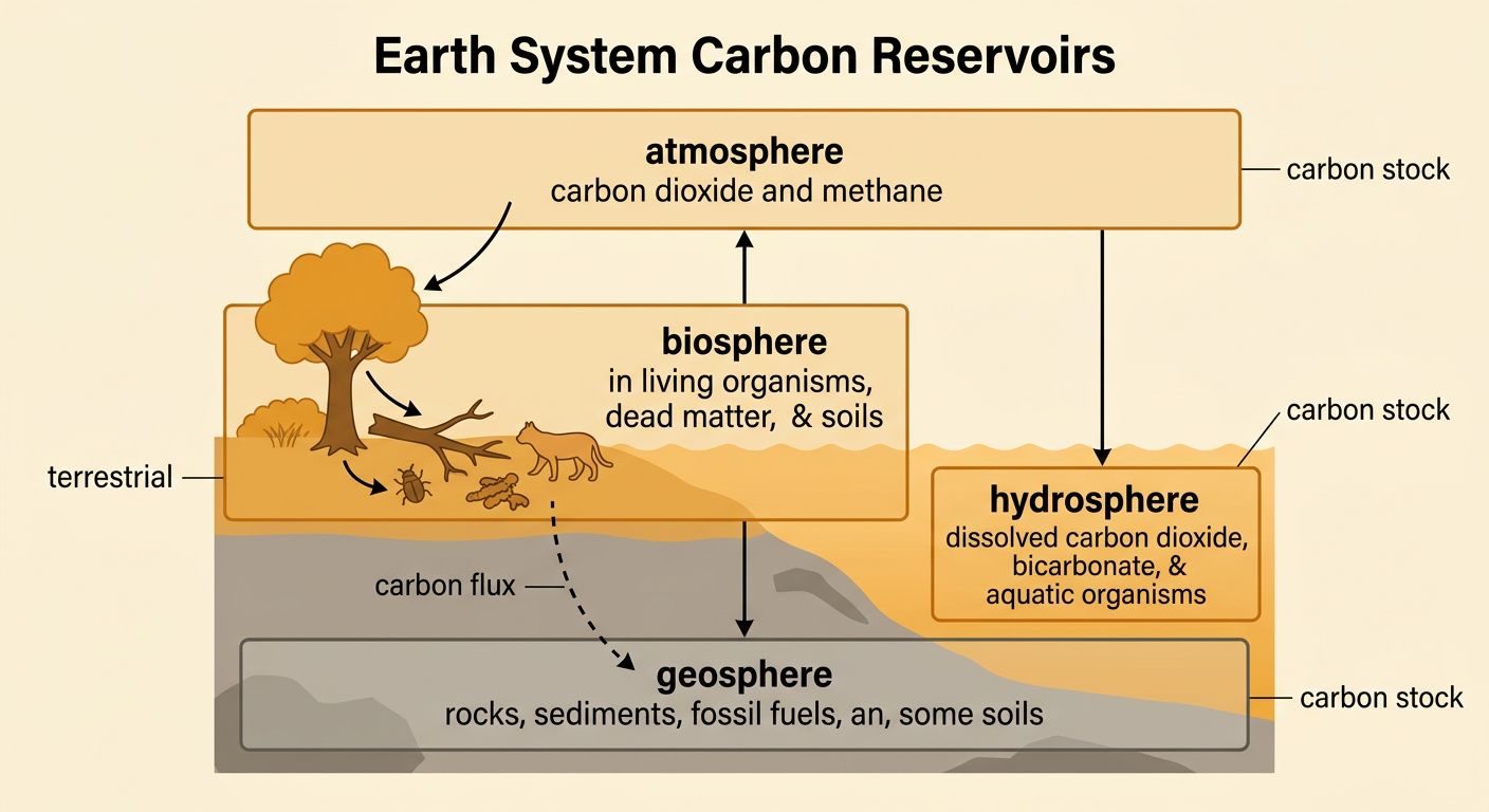 A connected carbon-cycle diagram shows carbon stored and moving among four Earth systems.