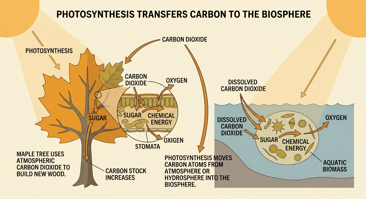Sunlight reaches a leaf as carbon dioxide enters through stomata and carbon becomes sugar and wood.