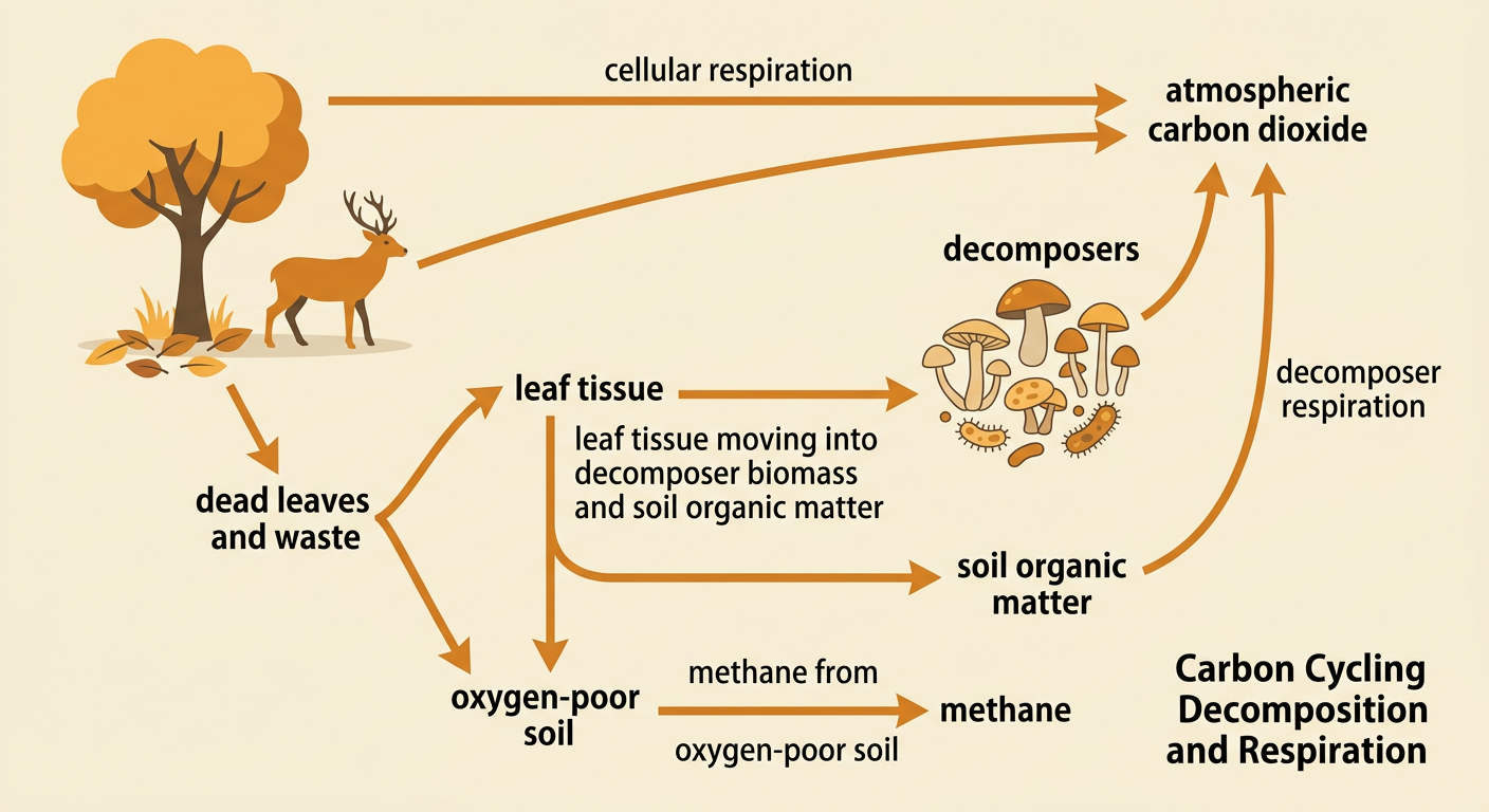 Fungi and bacteria break down fallen leaves, sending carbon into soil, carbon dioxide, and methane.