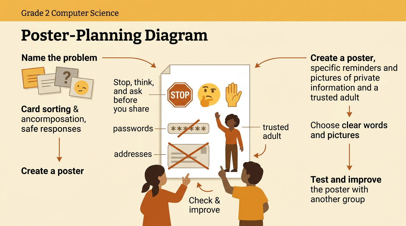 Children test a class poster showing a clear online sharing reminder, examples of private information, and a trusted adult near classroom devices.