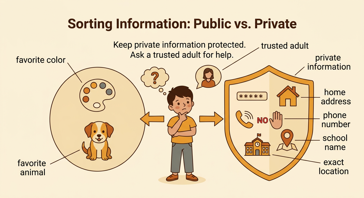 A child views a drawing website while a shield protects private information such as a home address and a trusted adult helps with a favorite color question.