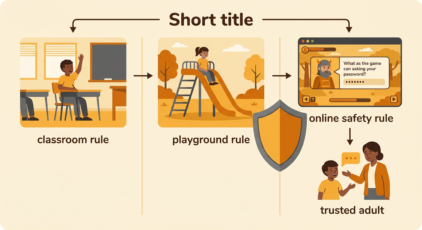 One scene compares a classroom rule, a playground rule, and an online safety rule as a trusted adult helps with a suspicious game message.