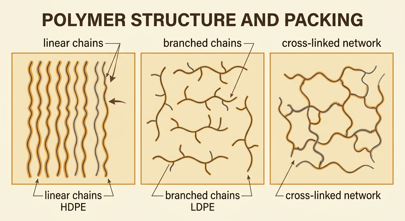 Three side-by-side molecular models compare closely packed straight chains, loosely packed branched chains, and chains joined by bridges.