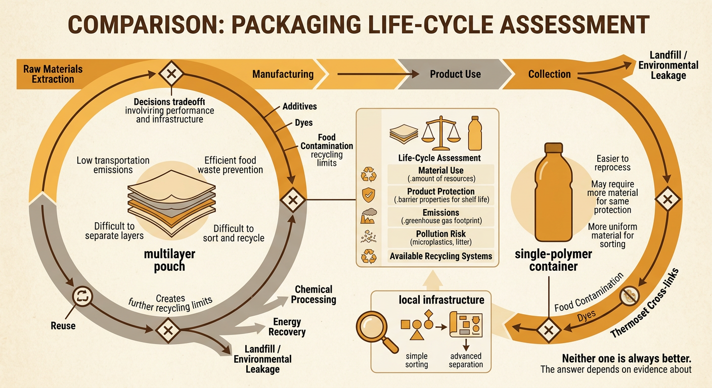 A life-cycle comparison contrasts a layered food pouch with a single-material container and shows their paths through local collection and recycling.