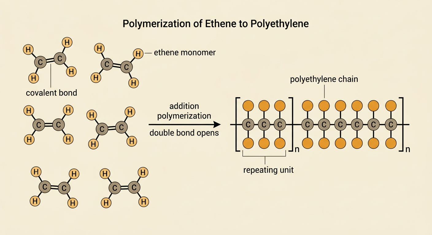 A reaction diagram shows ethene molecules opening their double bonds and joining into one long polyethylene chain.