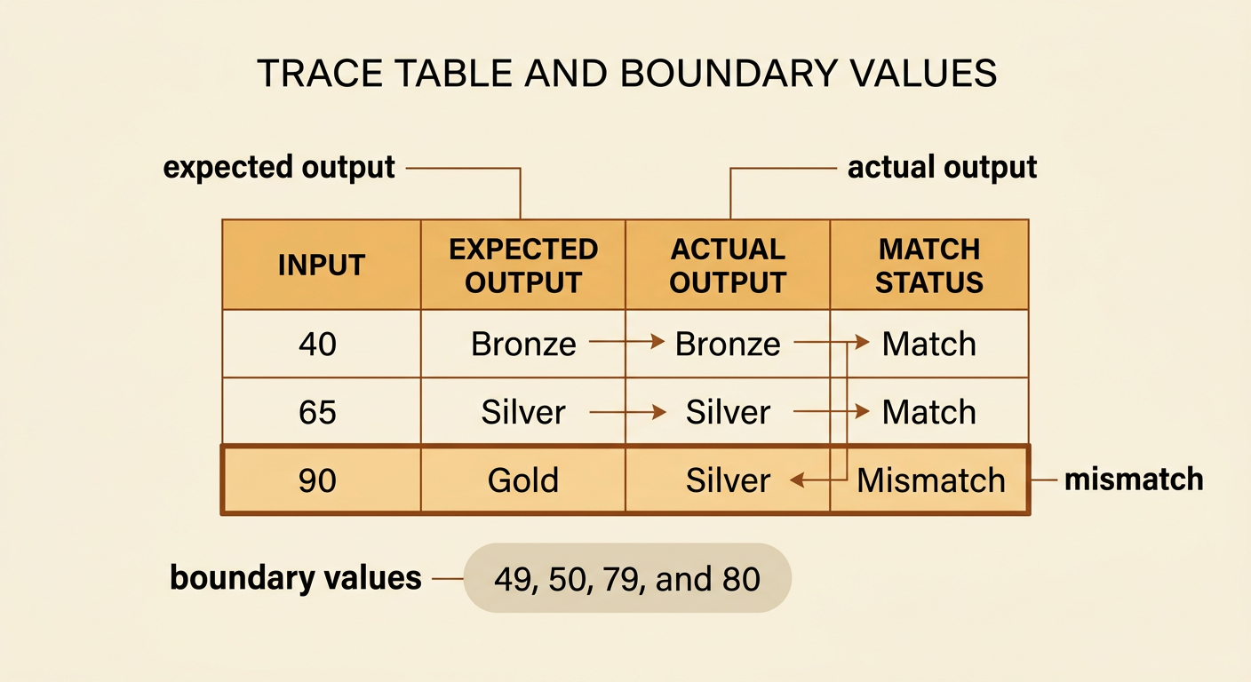 A trace table compares expected and actual rewards for several inputs and highlights the mismatch for 90.