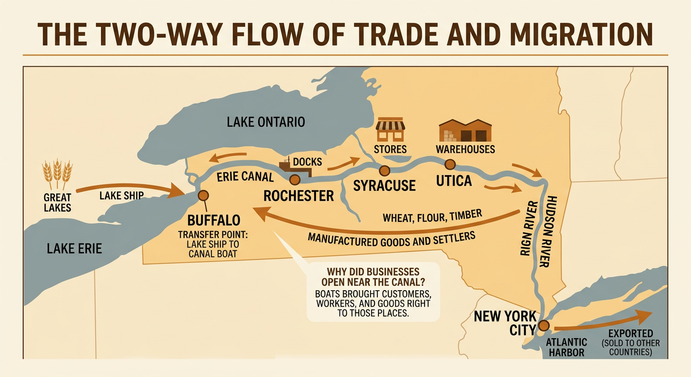 A route map shows farm goods moving east to New York City and manufactured goods and settlers moving west.