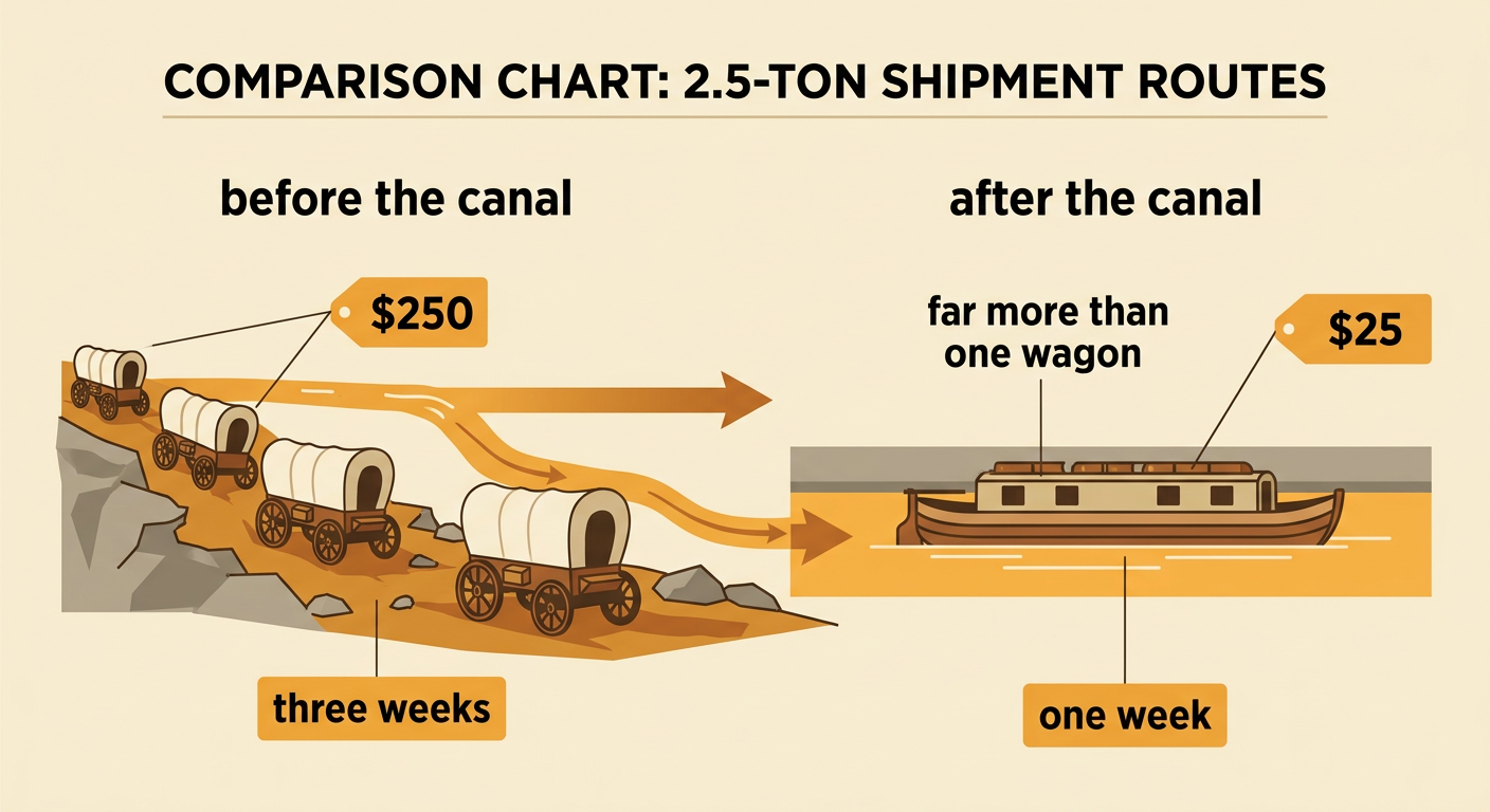 A side-by-side chart compares the cost and travel time of wagon shipping with Erie Canal shipping.