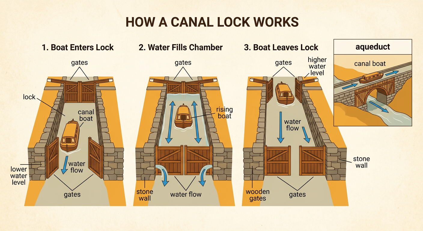 A canal boat rises inside a lock while an aqueduct carries the canal over a river nearby.