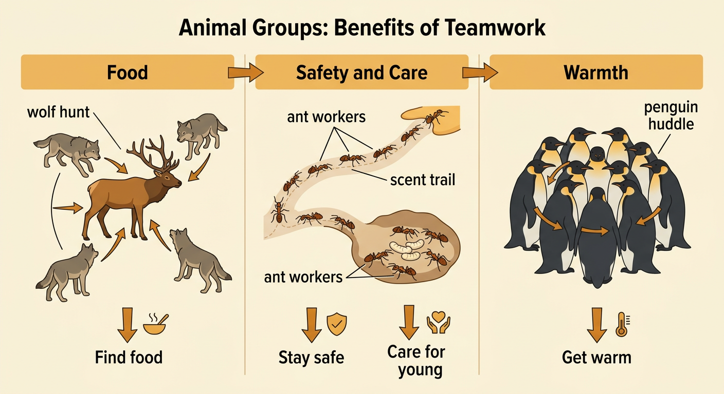 Wolves hunt together, ants follow a trail to food, and emperor penguins rotate through a tight huddle.