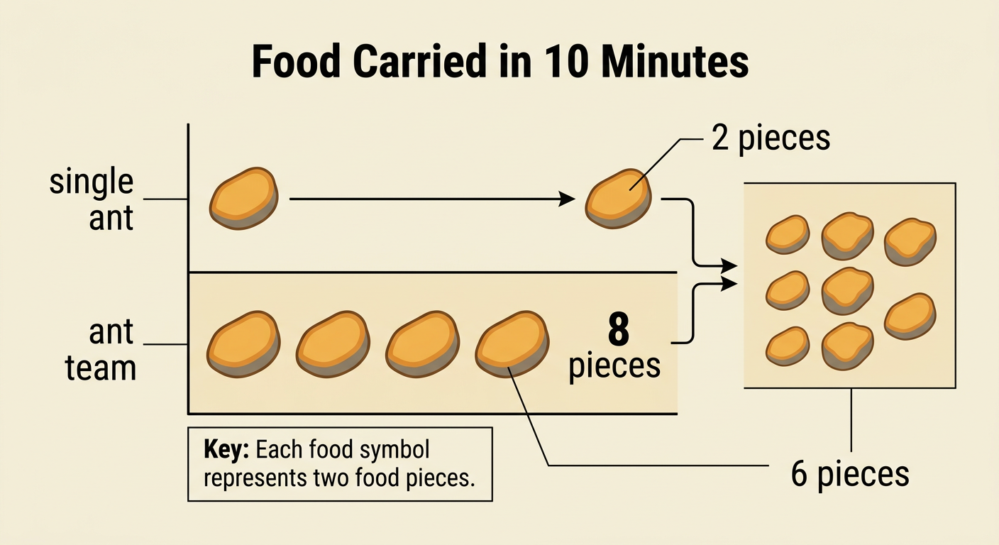 A scaled picture graph compares food carried by one ant with food carried by a four-ant team in 10 minutes.