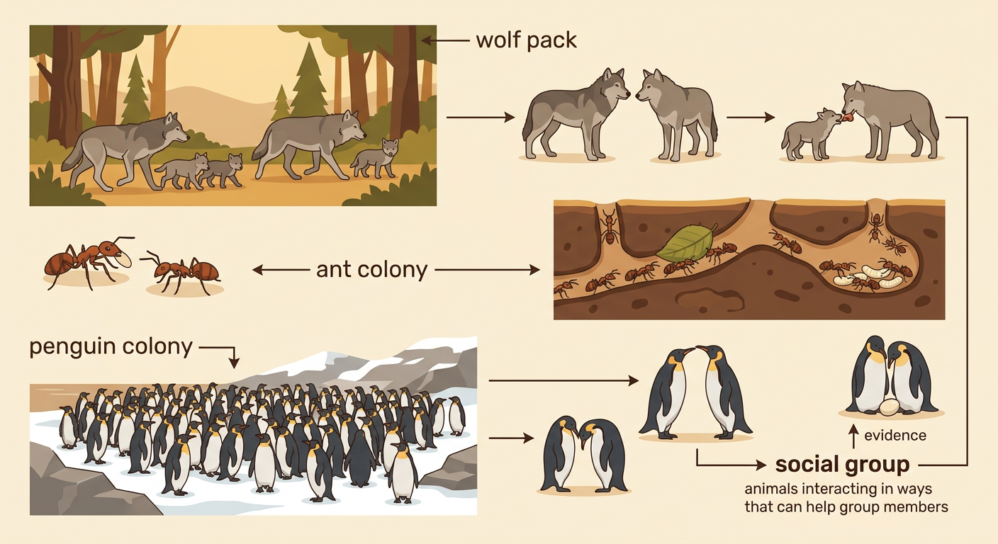 A wolf pack, ant colony, and penguin colony are shown interacting in three connected habitats.